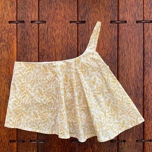 HANDMADE WOMEN’S/JUNIORS’ GOLDTONE LEAF PRINT ONE SHOULDER TOP W/GLITTER ACCENT
